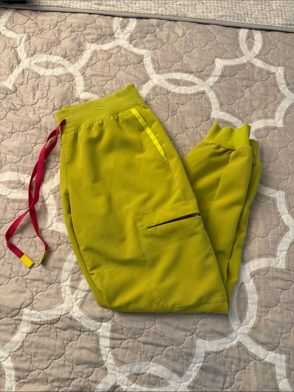 Figs Lime Green Track Joggers with Hot pink Drawstring